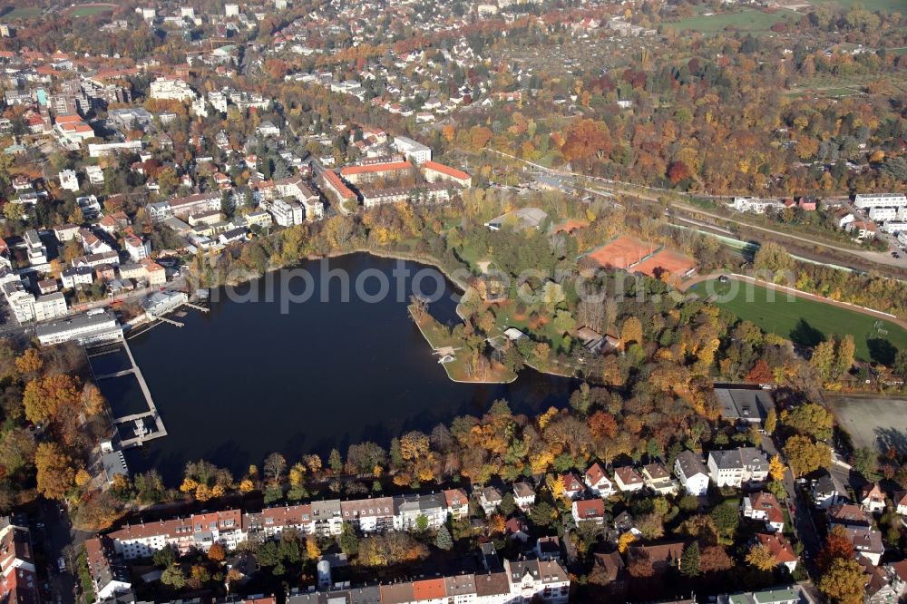 Darmstadt from above - City view of the city area of in Darmstadt in the state Hesse with the lake Grosser Woog