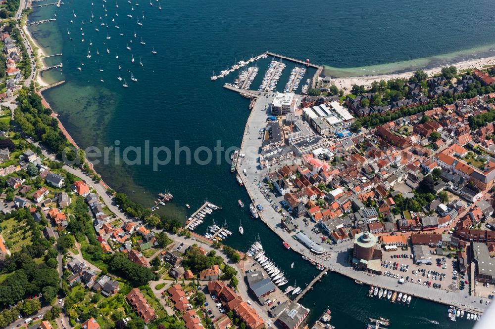 Eckernförde from above - City view of the city area of Eckernfoerde at the coastline of the baltic sea in the state Schleswig-Holstein