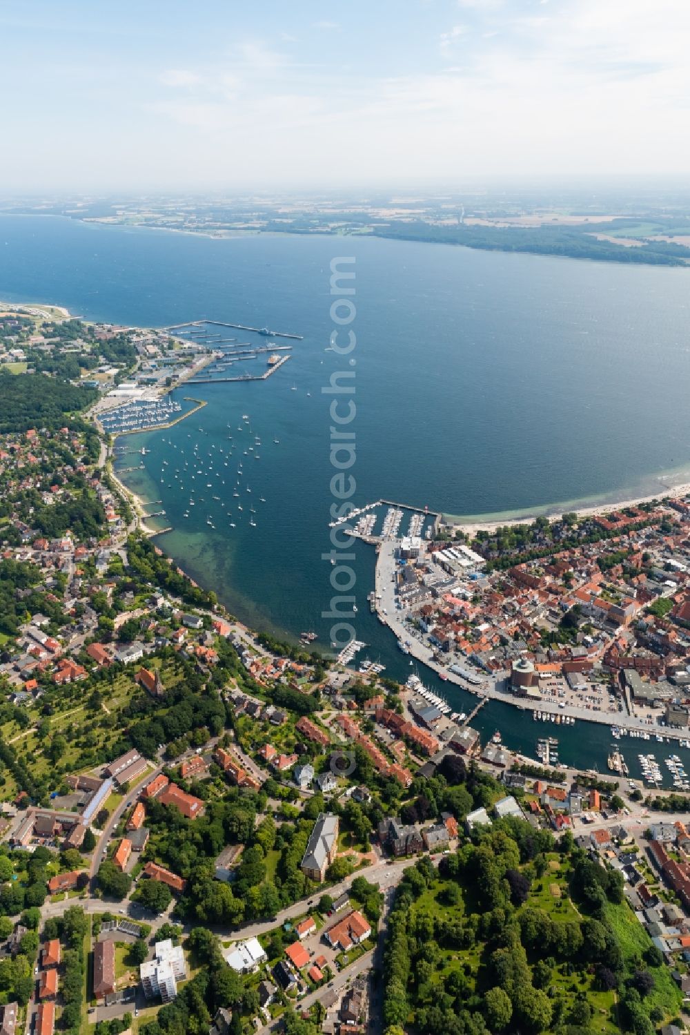 Eckernförde from the bird's eye view: City view of the city area of Eckernfoerde at the coastline of the baltic sea in the state Schleswig-Holstein