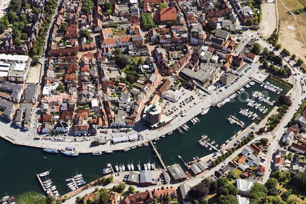 Eckernförde from above - City view of the city area of Eckernfoerde at the coastline of the baltic sea in the state Schleswig-Holstein