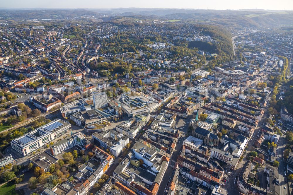 Hagen from the bird's eye view: City view on down town on Volme Galerie on Friedrich-Ebert-Platz in Hagen in the state North Rhine-Westphalia, Germany