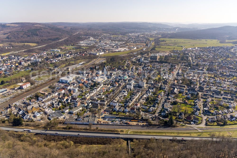 Aerial image Arnsberg - City view on down town along the B229 on street Heinrich-Luebke-Strasse in the district Huesten in Arnsberg at Sauerland in the state North Rhine-Westphalia, Germany