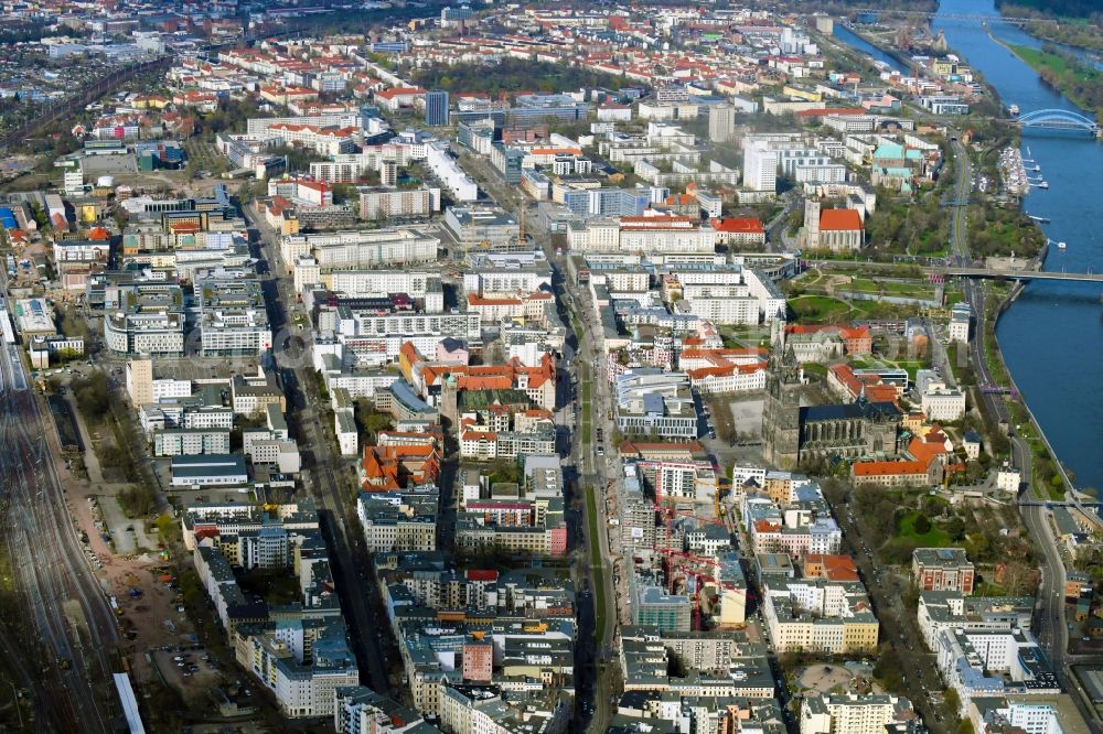 Aerial image Magdeburg - City view on down town along the Strasse Breiter Weg in Magdeburg in the state Saxony-Anhalt, Germany