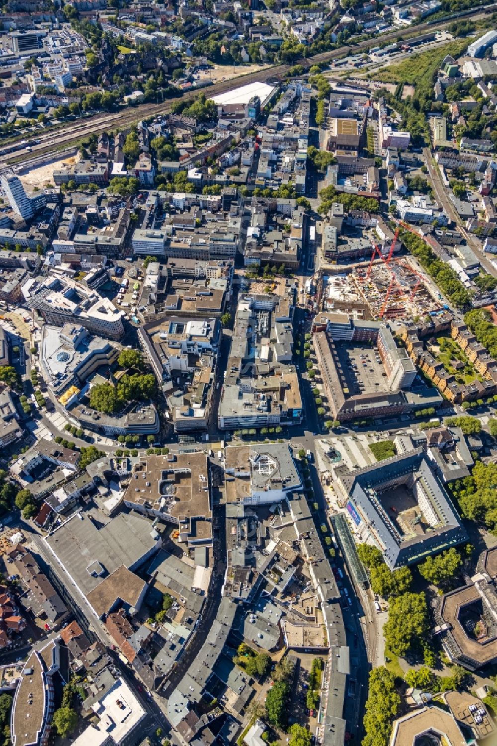 Bochum from above - City view on down town along the Viktoriastrasse - Suedring - Kortumstrasse overlooking the construction site for the new building of an apartment building Stadtquartier an der Viktoriastrasse - Viktoria Quartier in the district Innenstadt in Bochum in the state North Rhine-Westphalia, Germany