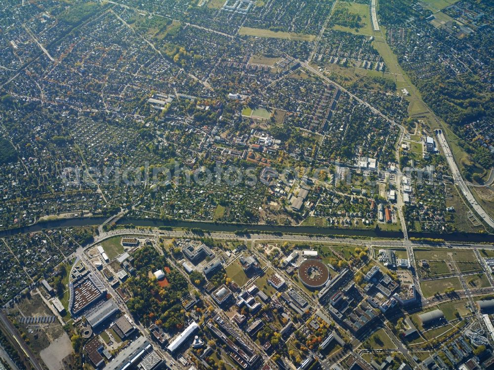 Berlin from the bird's eye view: City view of the inner-city area at the Ernst-Ruska- Ufer between Koepenicker Strasse and Wegedornstrasse in Berlin in Germany. Also shown the Helmholtz-Zentrum