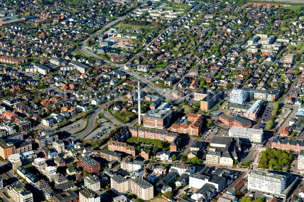 Aerial photograph Westerland - City view of the inner city area with the television tower in Westerland on the island of Sylt in the state Schleswig-Holstein, Germany