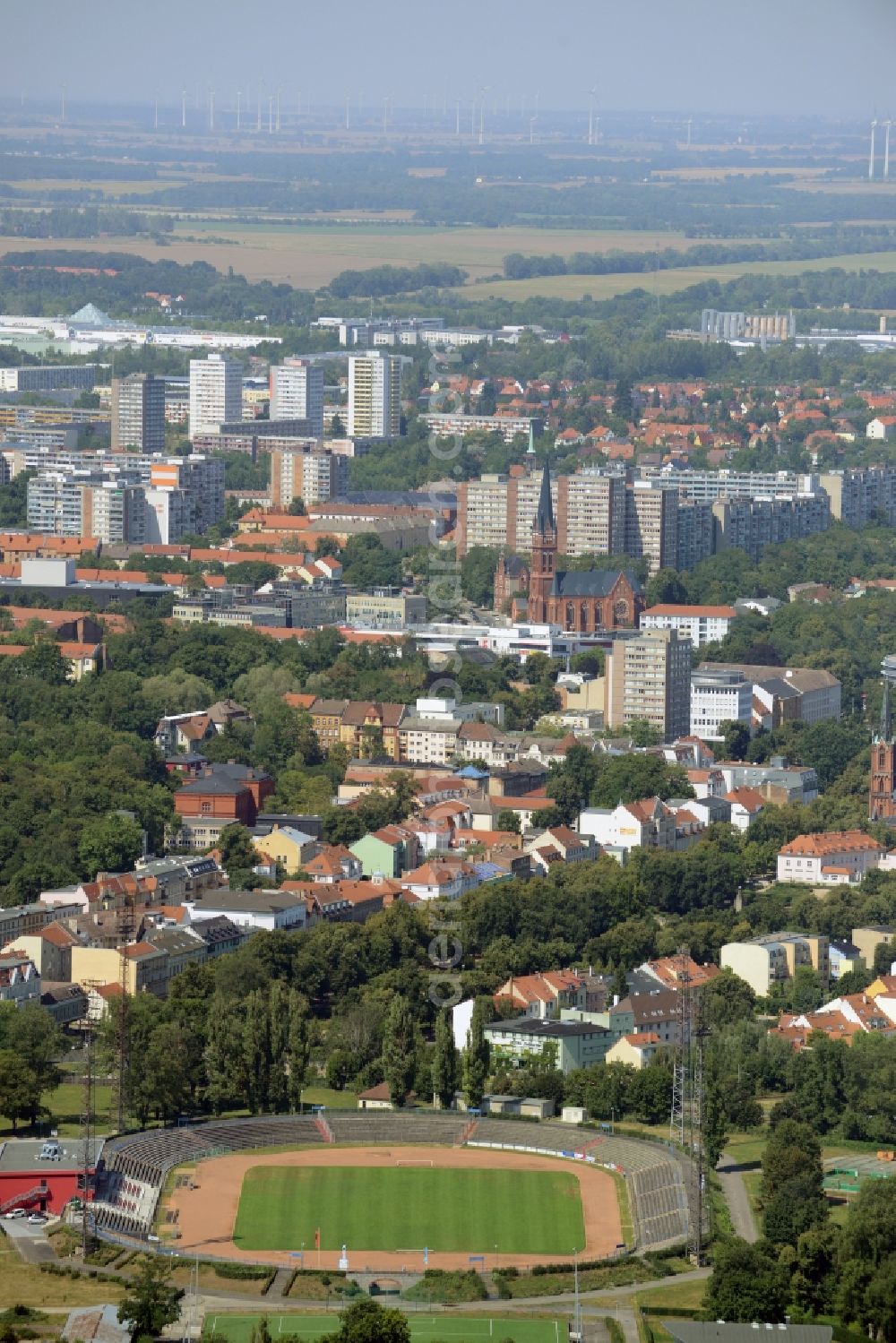 Aerial image Frankfurt (Oder) - City view of the inner-city area of in Frankfurt (Oder) in the state Brandenburg. Also shown the arena Stadion der Freundschaft