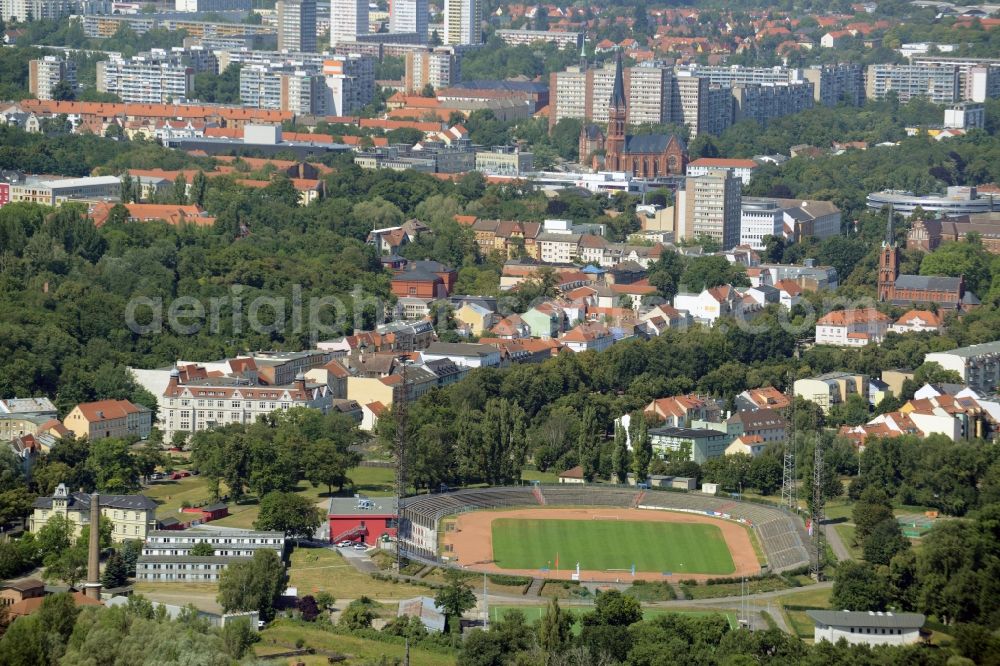 Aerial photograph Frankfurt (Oder) - City view of the inner-city area of in Frankfurt (Oder) in the state Brandenburg. Also shown the arena Stadion der Freundschaft