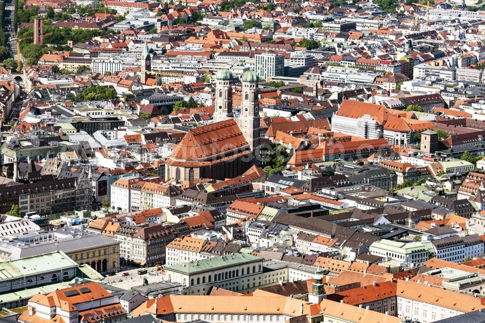 München from the bird's eye view: City view on down town on Frauenkirche in Munich in the state Bavaria, Germany