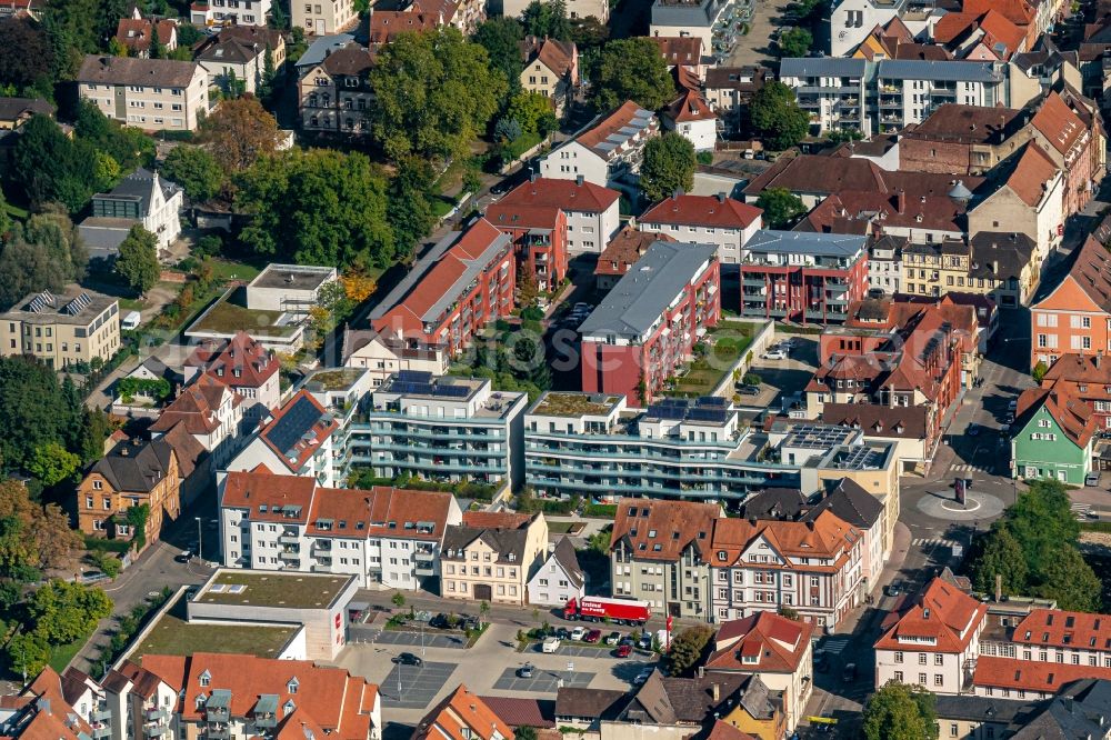 Lahr/Schwarzwald from above - City view on down town Friedhof and Kaiserstrasse in Lahr/Schwarzwald in the state Baden-Wurttemberg, Germany