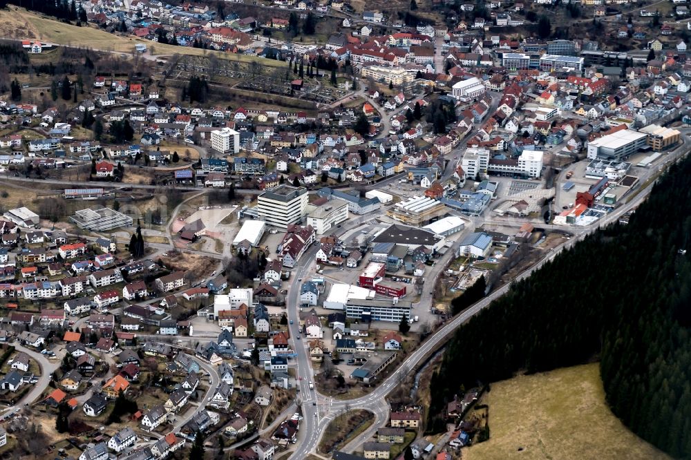 Furtwangen im Schwarzwald from above - City view of the city area of in Furtwangen im Schwarzwald in the state Baden-Wuerttemberg, Germany