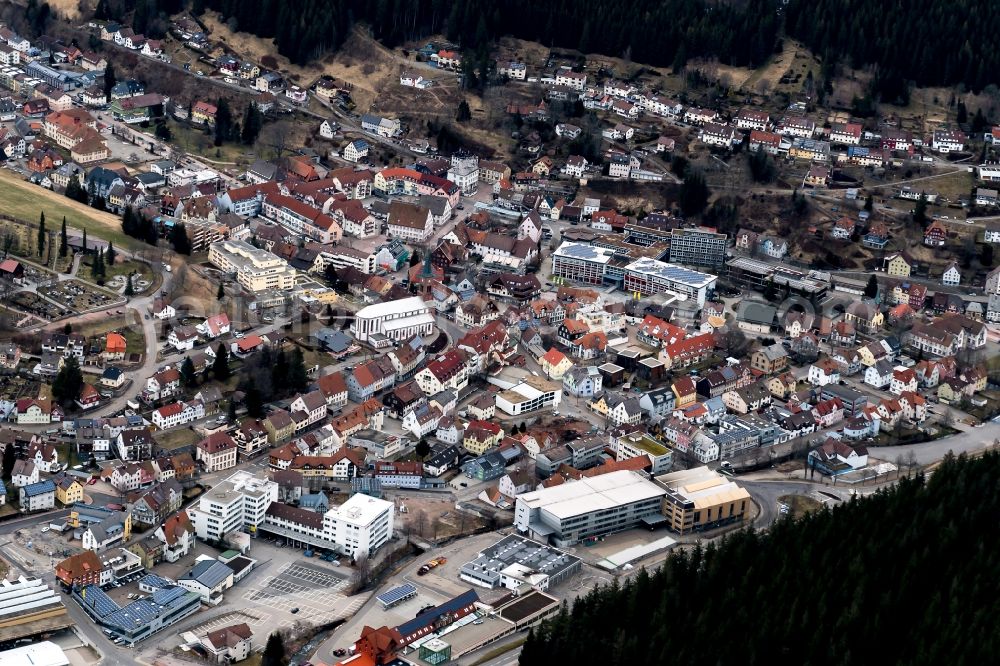 Furtwangen im Schwarzwald from the bird's eye view: City view of the city area of in Furtwangen im Schwarzwald in the state Baden-Wuerttemberg, Germany