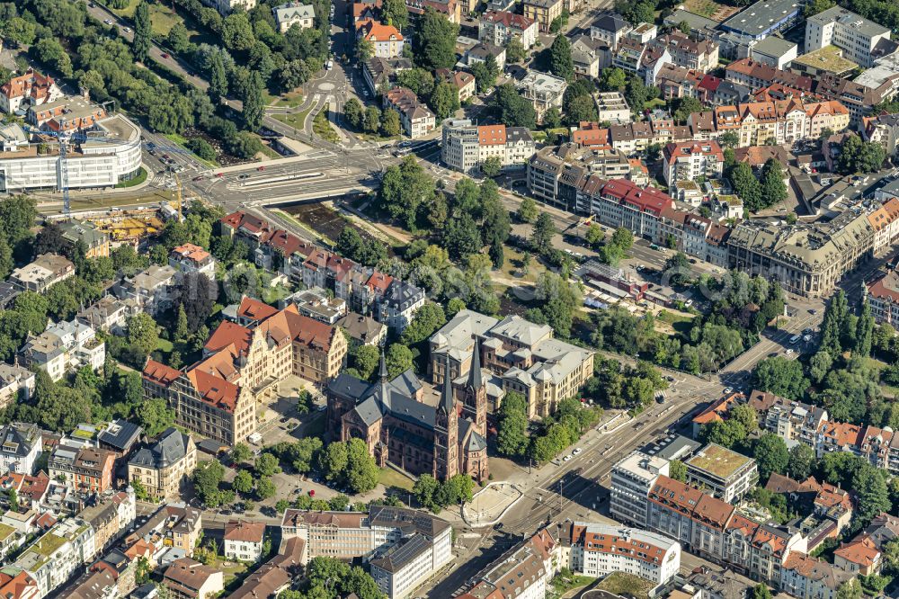 Freiburg im Breisgau from the bird's eye view: City view on down town Gewerbeschule Freiburg and Johannes Kirche in Freiburg im Breisgau in the state Baden-Wuerttemberg, Germany