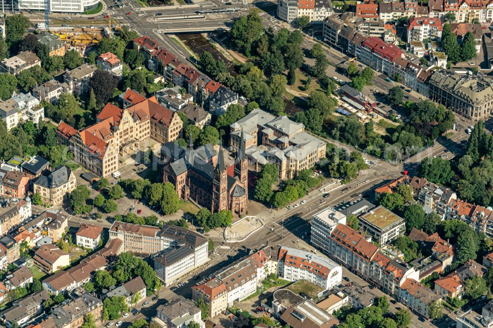 Aerial image Freiburg im Breisgau - City view on down town Gewerbeschule Freiburg and Johannes Kirche in Freiburg im Breisgau in the state Baden-Wuerttemberg, Germany