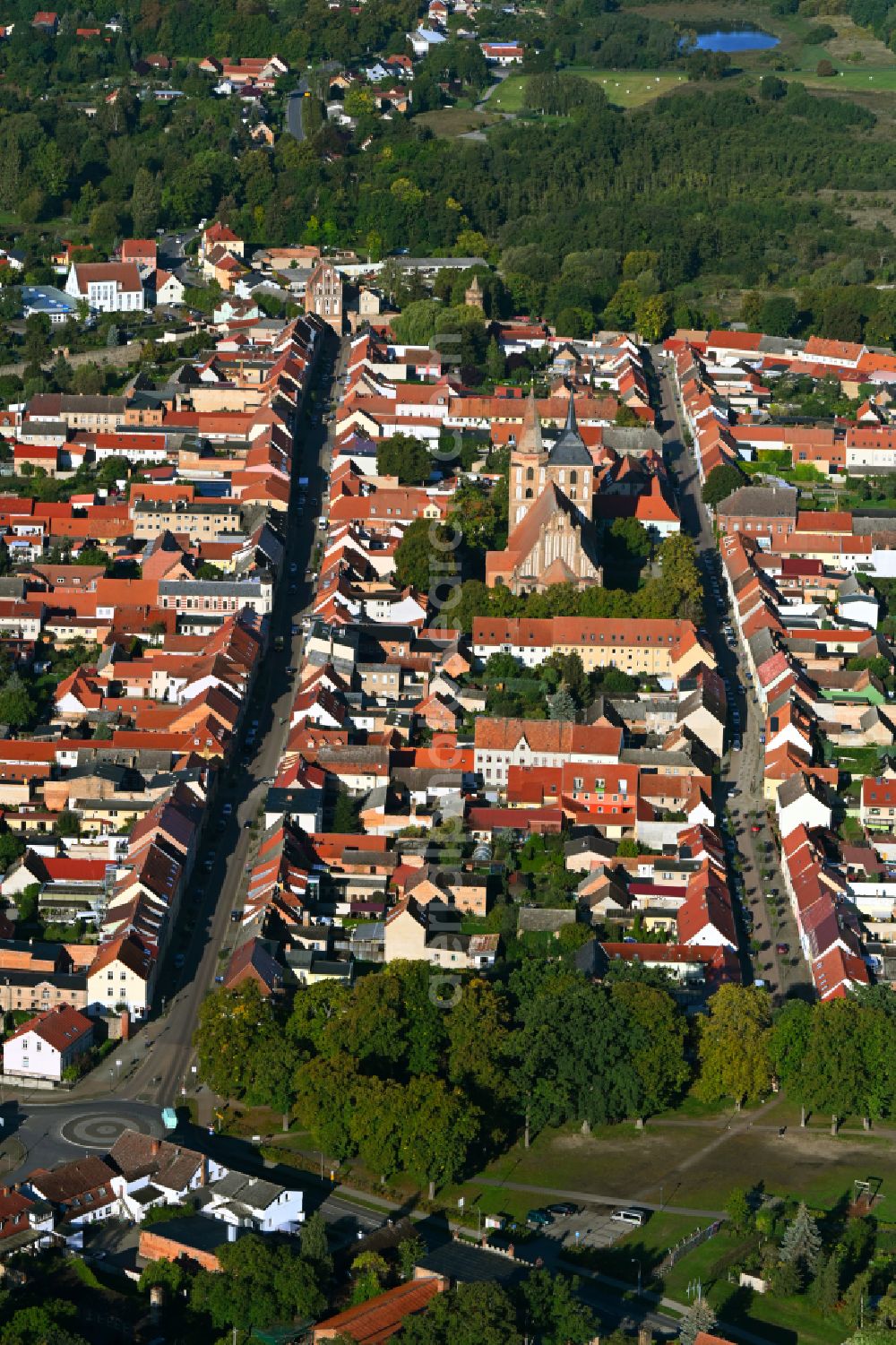 Gransee from above - City view of the historic inner city area in Gransee in the state Brandenburg, Germany