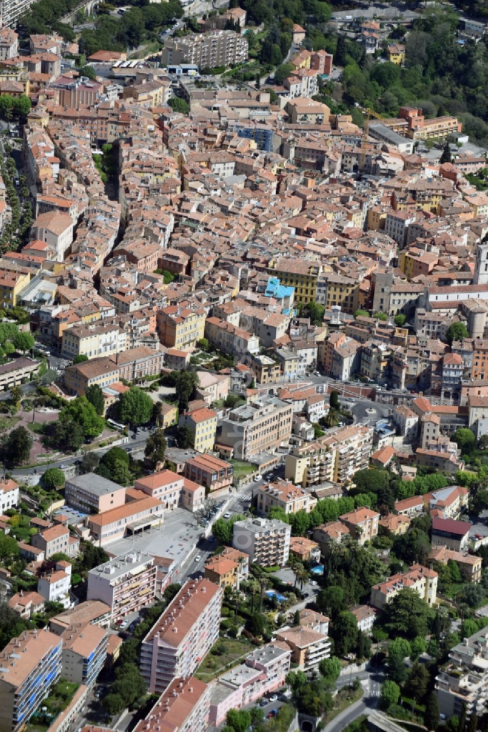 Grasse from the bird's eye view: City view of the city area of in Grasse in Provence-Alpes-Cote d'Azur, France