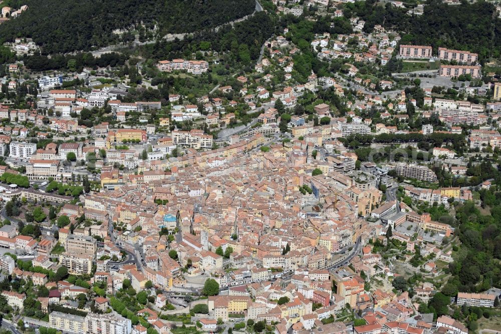 Grasse from the bird's eye view: City view of the city area of in Grasse in Provence-Alpes-Cote d'Azur, France