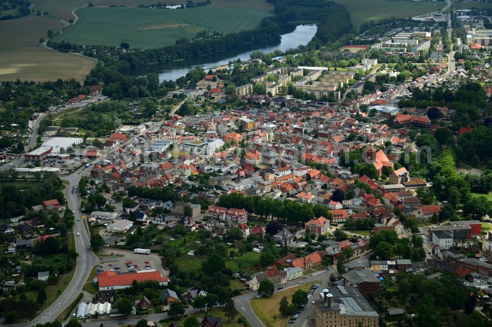 Grevesmühlen from above - City view on down town in Grevesmuehlen in the state Mecklenburg - Western Pomerania, Germany