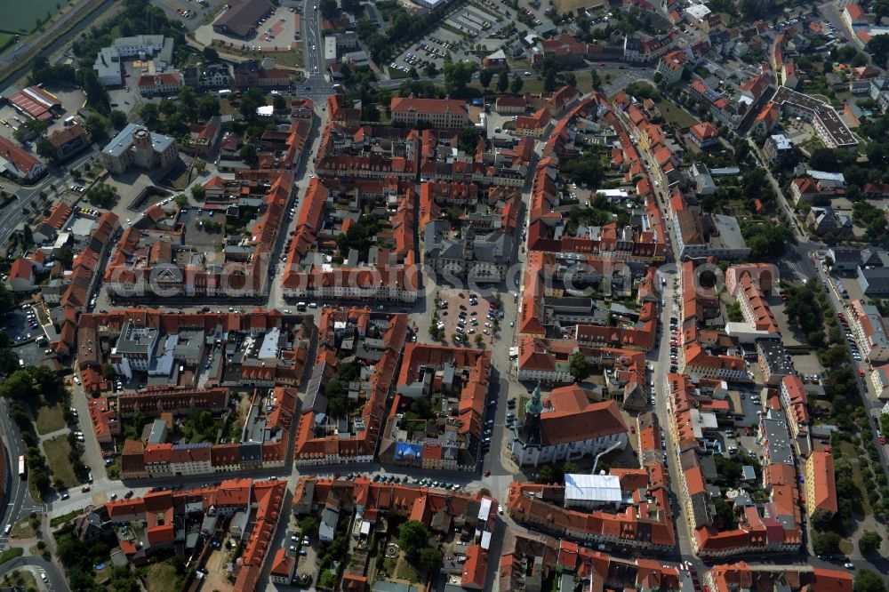 Aerial image Großenhain - City view of the inner-city area at the Hauptmarkt in Grossenhain in the state Saxony