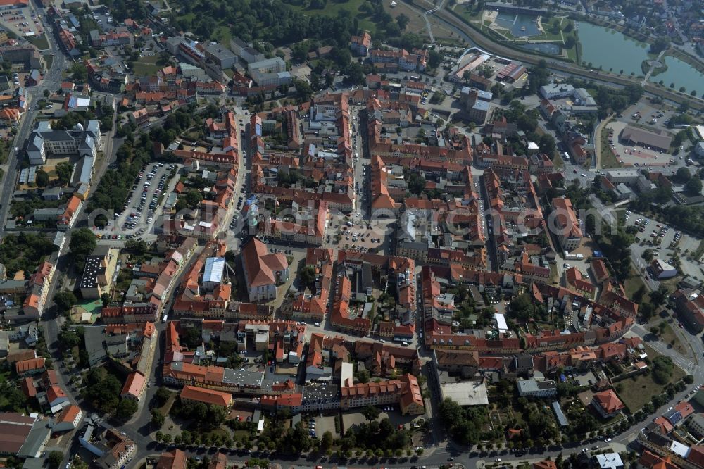 Großenhain from above - City view of the inner-city area at the Hauptmarkt in Grossenhain in the state Saxony