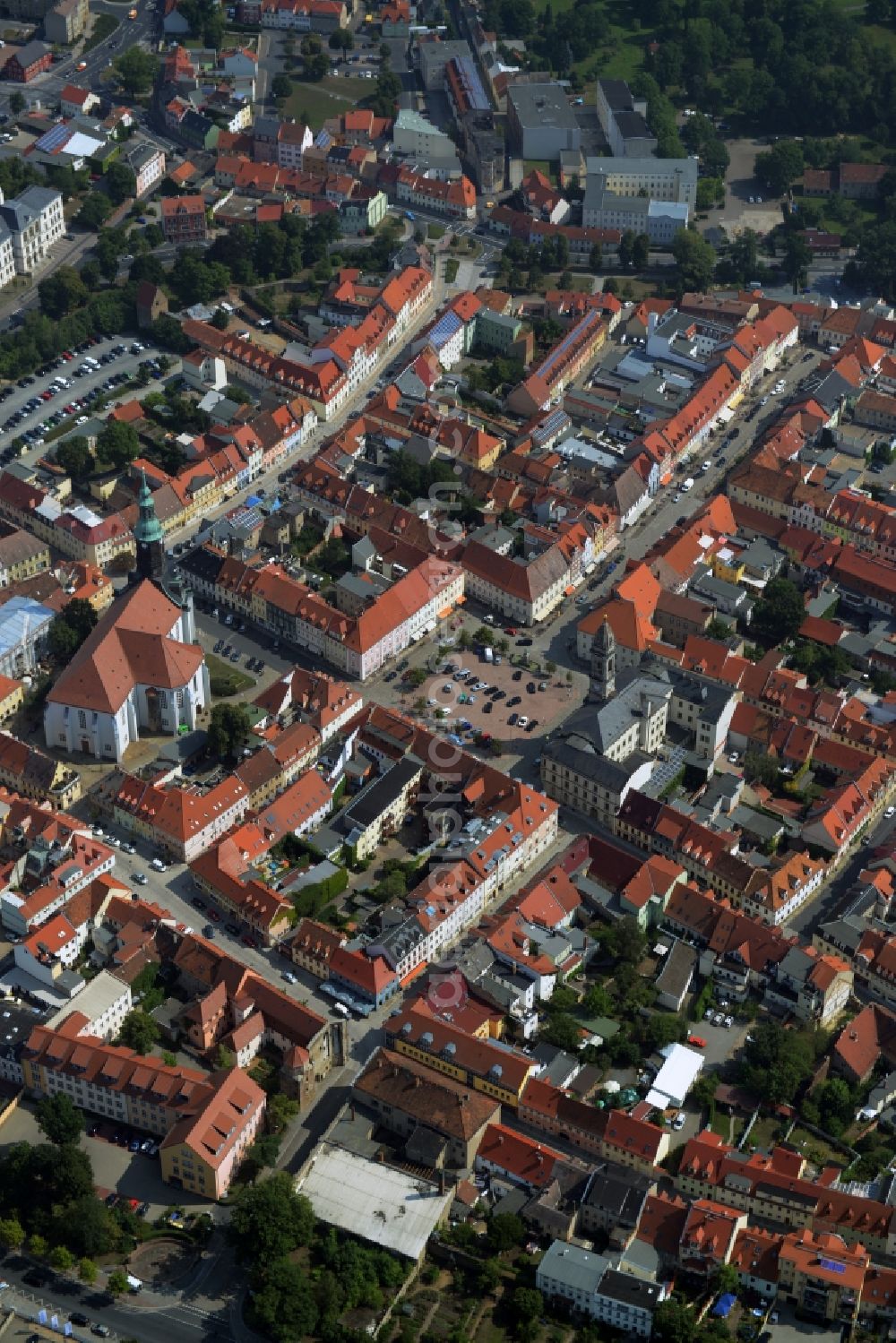 Aerial image Großenhain - City view of the inner-city area at the Hauptmarkt in Grossenhain in the state Saxony