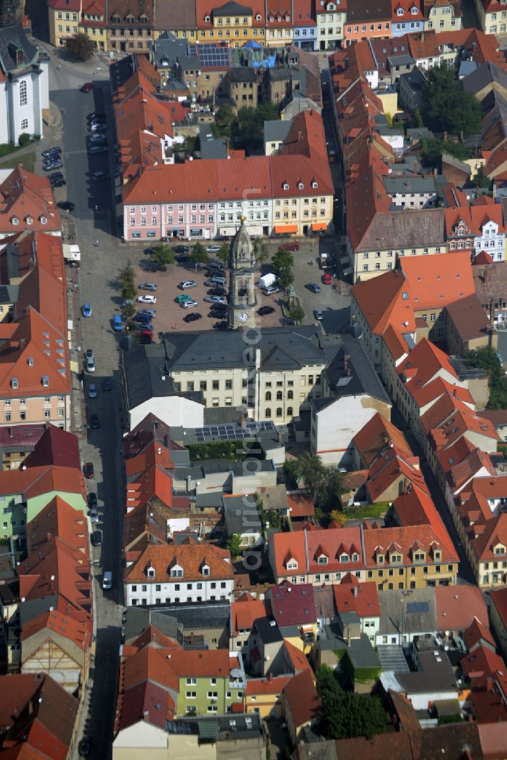 Großenhain from above - City view of the inner-city area at the Hauptmarkt in Grossenhain in the state Saxony