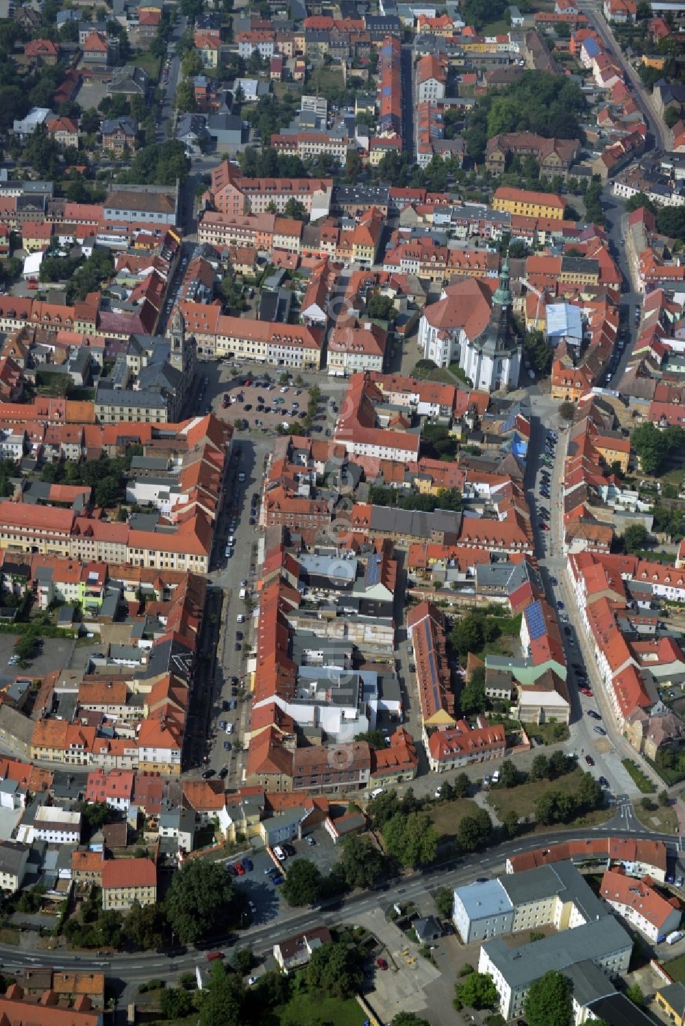 Aerial image Großenhain - City view of the inner-city area at the Hauptmarkt in Grossenhain in the state Saxony