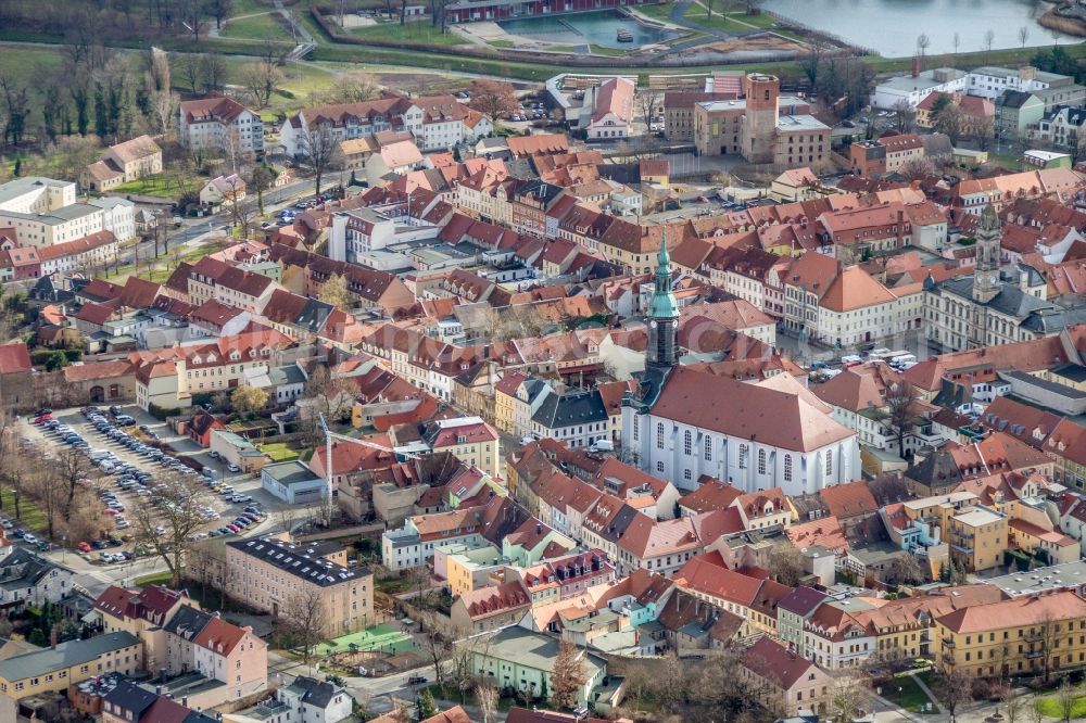 Großenhain from above - City view of the inner-city area at the Hauptmarkt in Grossenhain in the state Saxony