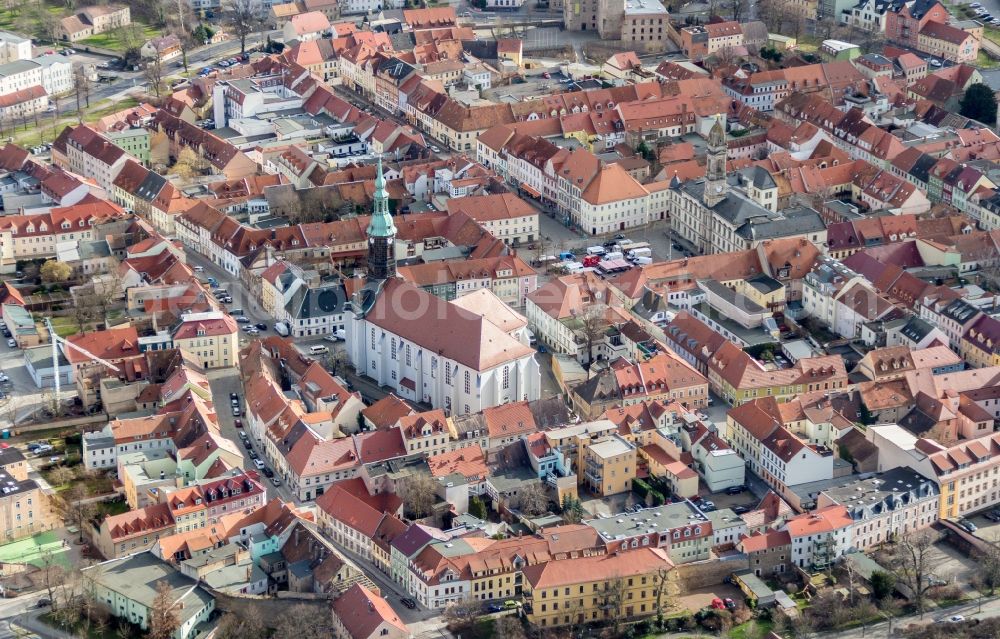 Aerial image Großenhain - City view of the inner-city area at the Hauptmarkt in Grossenhain in the state Saxony