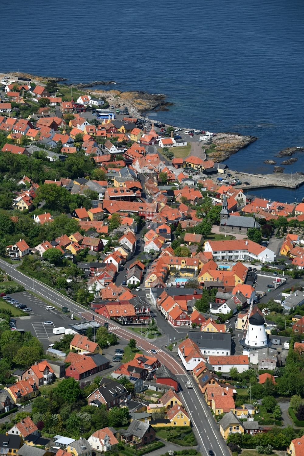 Aerial image Gudhjem - City view of the city area of in Gudhjem Bornholm Island in Region Hovedstaden, Denmark