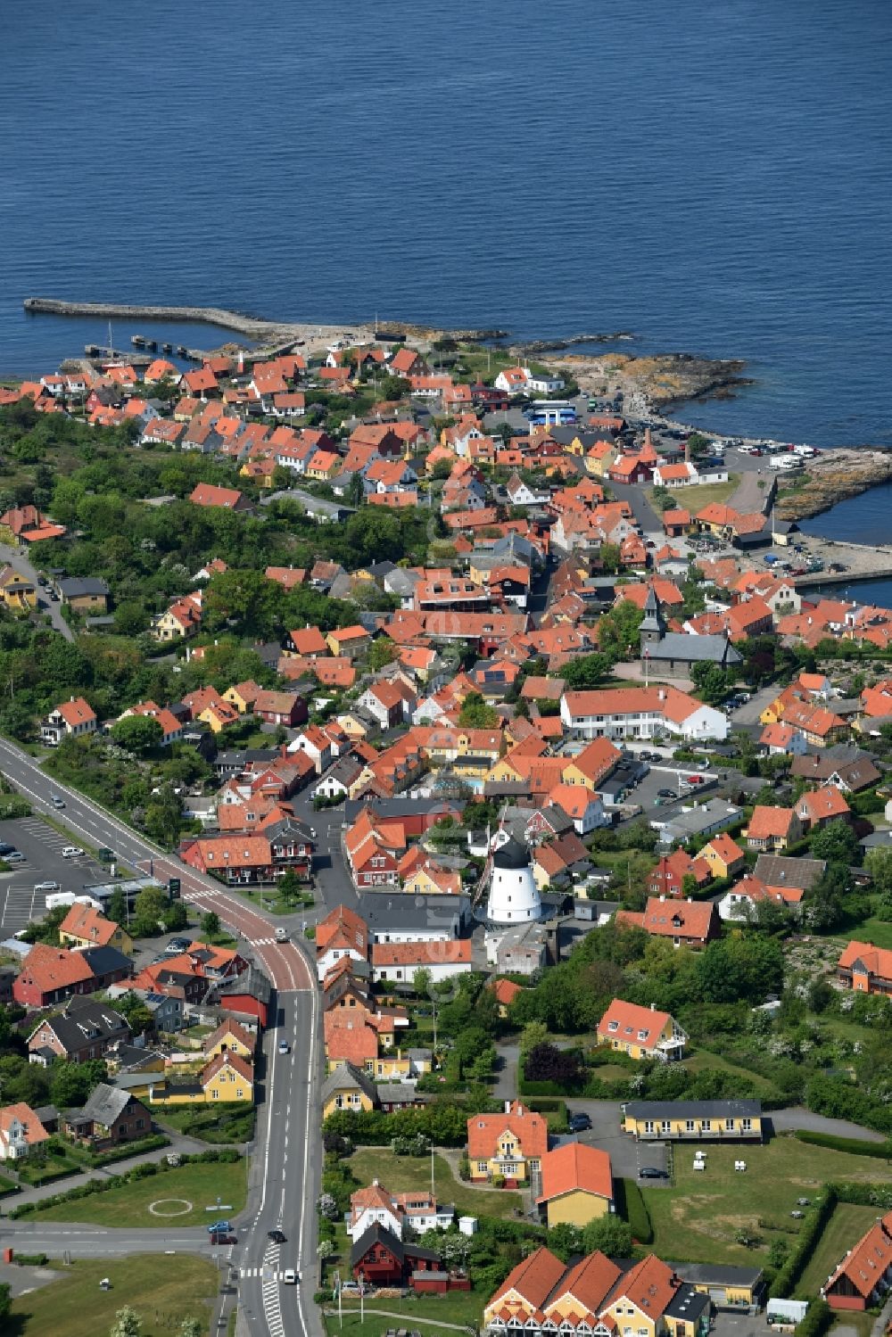 Gudhjem from above - City view of the city area of in Gudhjem Bornholm Island in Region Hovedstaden, Denmark