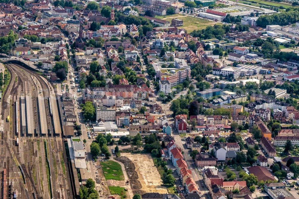 Offenburg from above - City view on down town Am Central Station in Offenburg in the state Baden-Wurttemberg, Germany