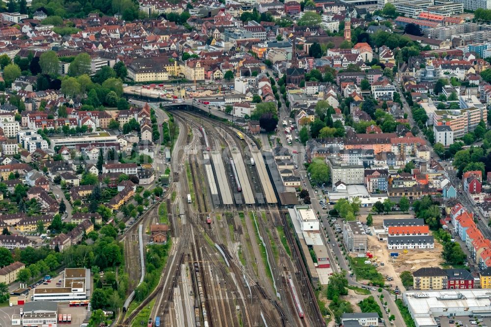 Aerial image Offenburg - City view on down town Am Central Station in Offenburg in the state Baden-Wurttemberg, Germany