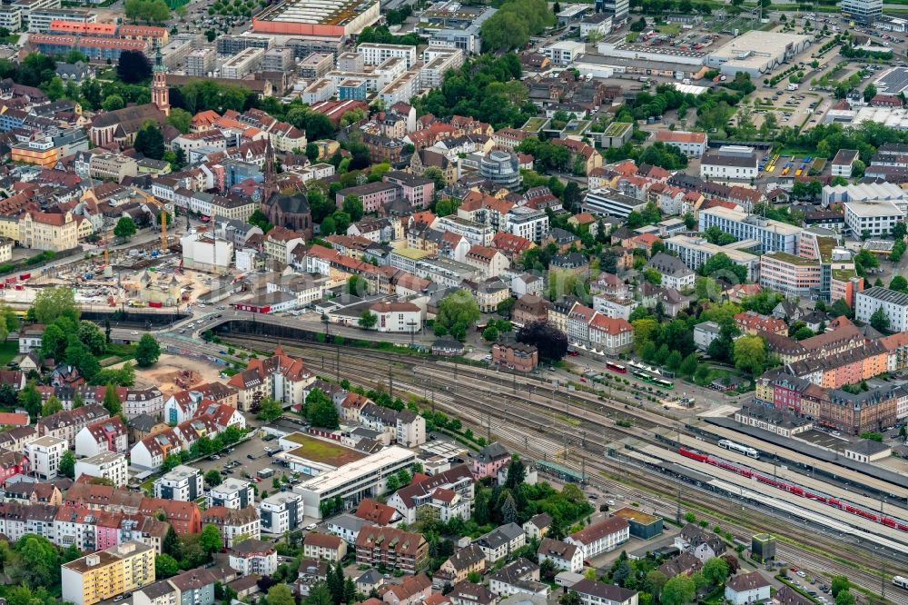 Offenburg from above - City view on down town Am Central Station in Offenburg in the state Baden-Wurttemberg, Germany