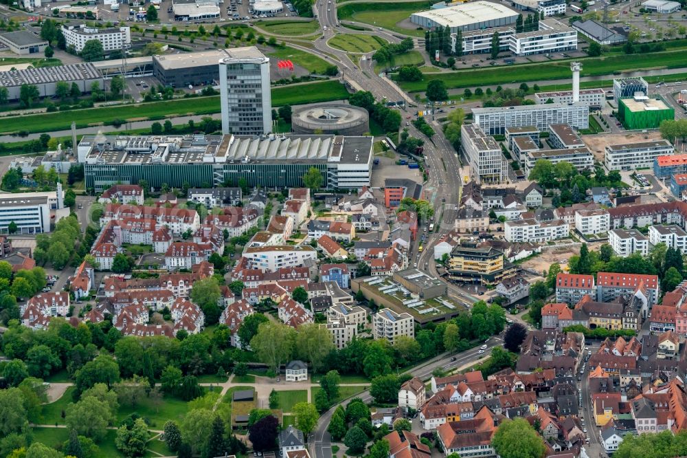 Aerial image Offenburg - City view on down town on Hauptstrasse in Offenburg in the state Baden-Wurttemberg, Germany