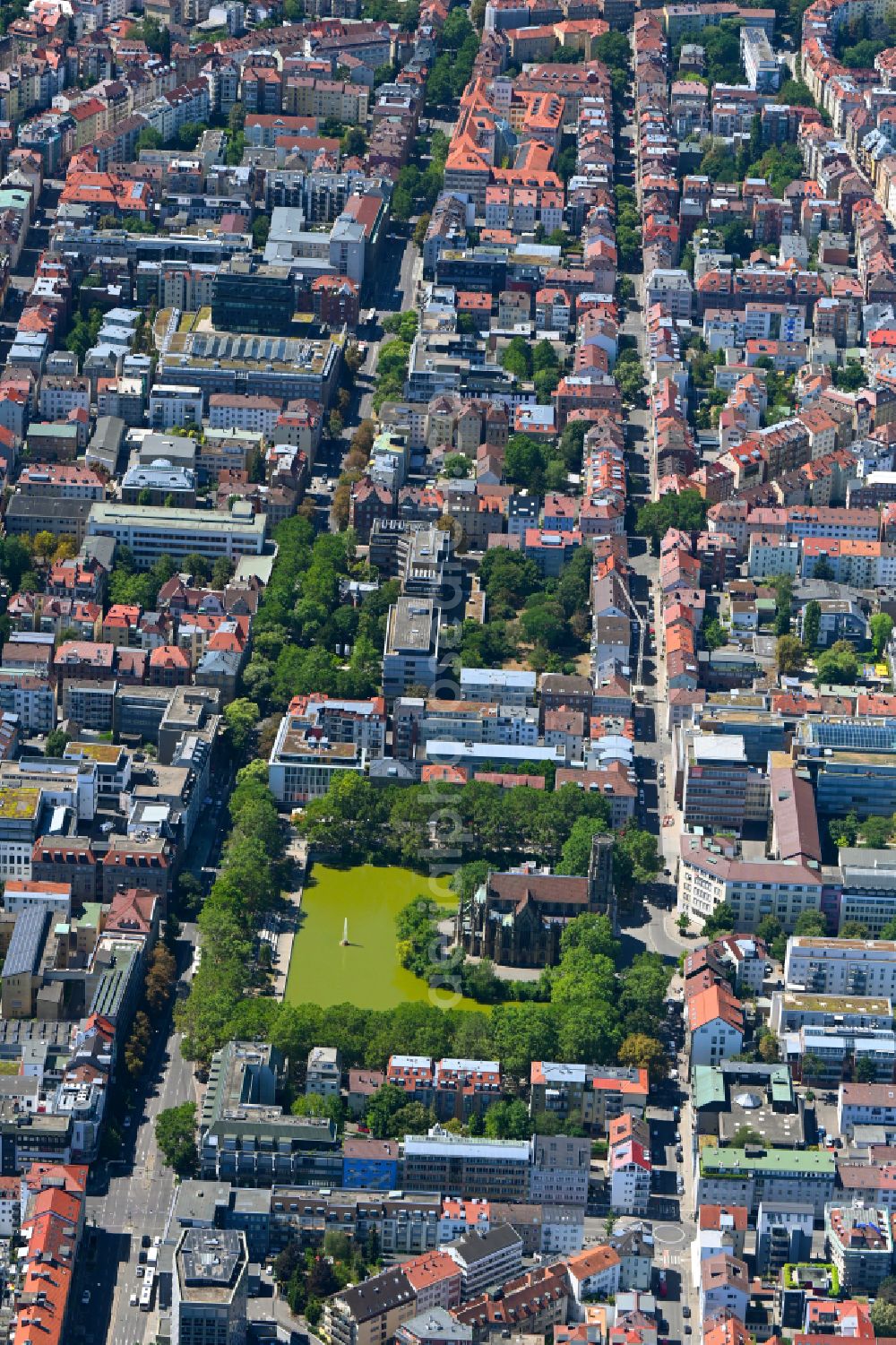 Aerial photograph Stuttgart - City view on down town with of Johanneskirche on street Gutenbergstrasse in the district Feuersee in Stuttgart in the state Baden-Wuerttemberg, Germany