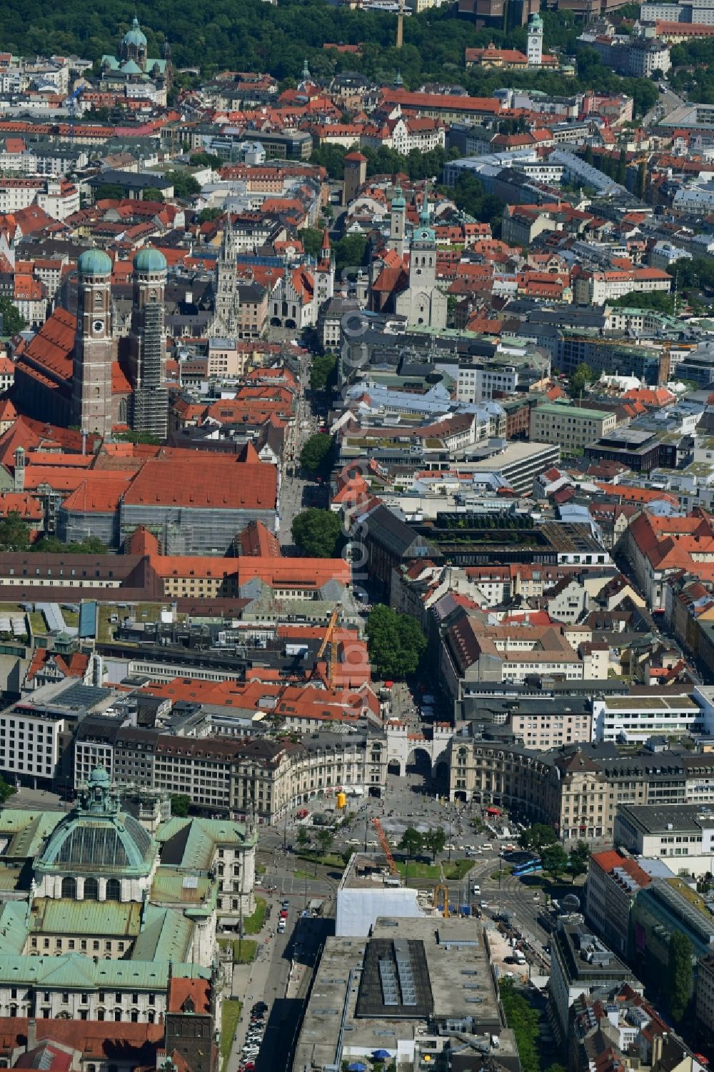 München from the bird's eye view: City view on down town on Karlsplatz - Neuhauser Strasse in Munich in the state Bavaria, Germany