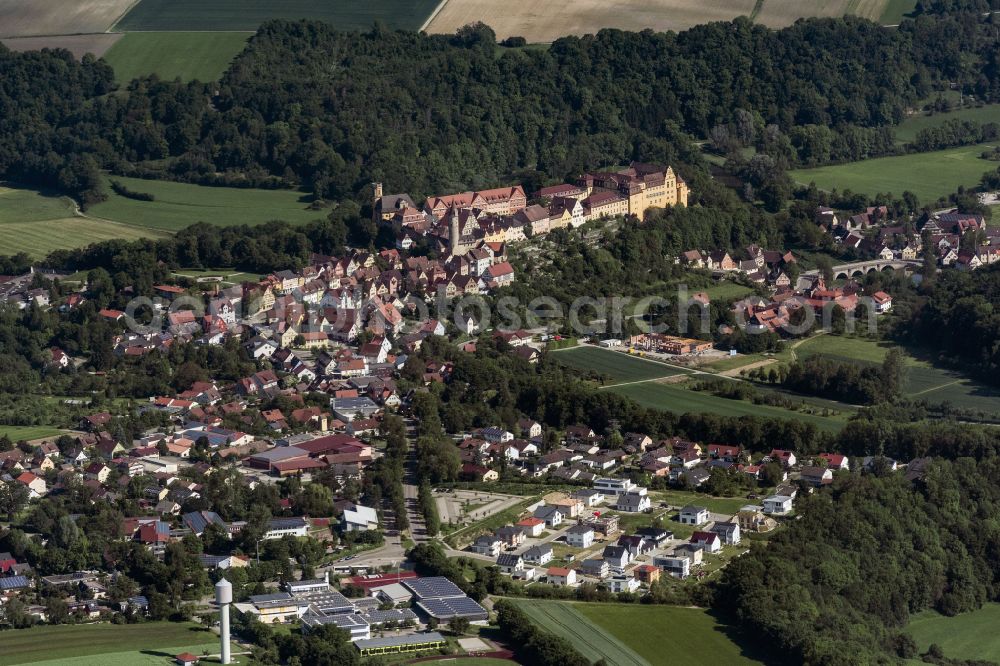 Kirchberg an der Jagst from above - City view on down town on street Kirchstrasse in Kirchberg an der Jagst in the state Baden-Wuerttemberg, Germany