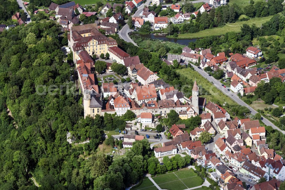 Aerial image Kirchberg an der Jagst - City view on down town on street Kirchstrasse in Kirchberg an der Jagst in the state Baden-Wuerttemberg, Germany