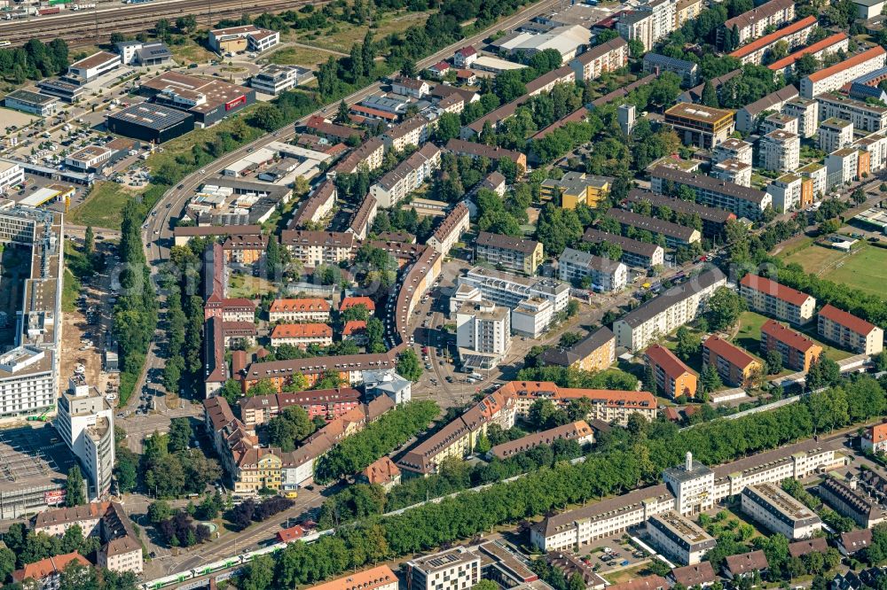 Freiburg im Breisgau from above - City view on down town on Komturplatz und Zaehringer Strasse in Freiburg im Breisgau in the state Baden-Wuerttemberg, Germany