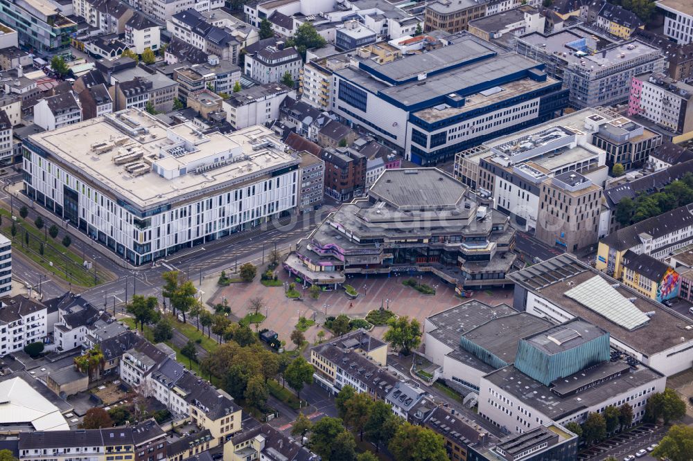 Krefeld from above - Building complex and event building Seidenweberhaus on Koenigstrasse in Krefeld in the Ruhr area in the federal state of North Rhine-Westphalia, Germany