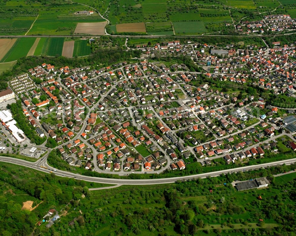 Kuchen from the bird's eye view: City view on down town in Kuchen in the state Baden-Wuerttemberg, Germany