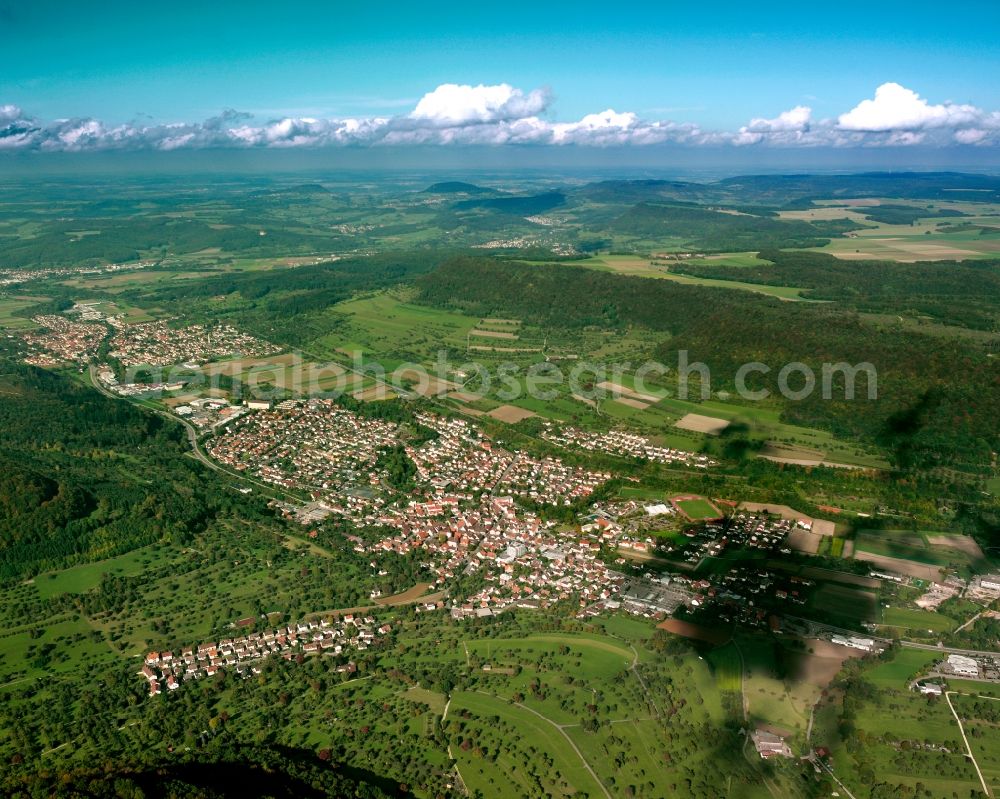 Kuchen from the bird's eye view: City view on down town in Kuchen in the state Baden-Wuerttemberg, Germany