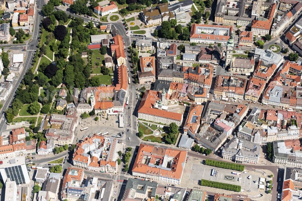 Innere Stadt from the bird's eye view: City view on down town, Landhaus Klagenfurt, Lindwurmbrunnen and Heiligengeistplatz in Innere Stadt in Kaernten, Austria