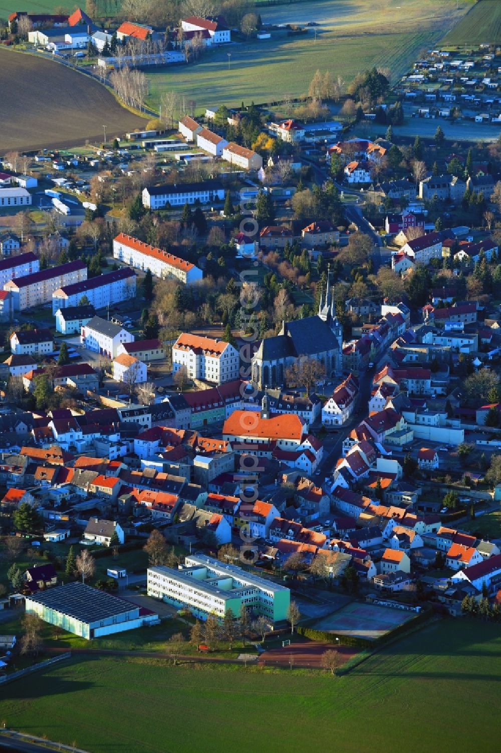 Lommatzsch from above - City view on down town in Lommatzsch in the state Saxony, Germany