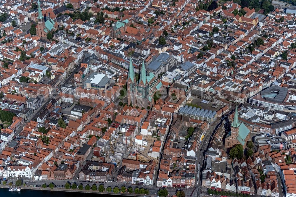 Lübeck from above - City view on down town with church of Marienkirche in the district Innenstadt in Luebeck in the state Schleswig-Holstein, Germany