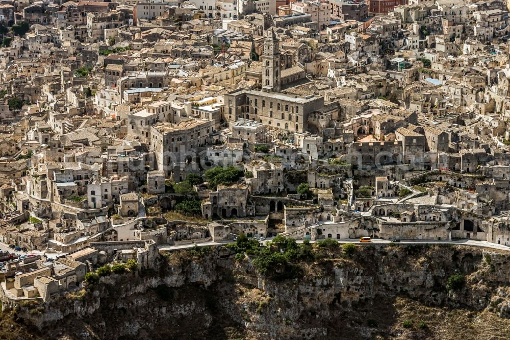 Matera from the bird's eye view: City view of the inner-city area at the street Via Madonna delle Virtu in Matera in Italy