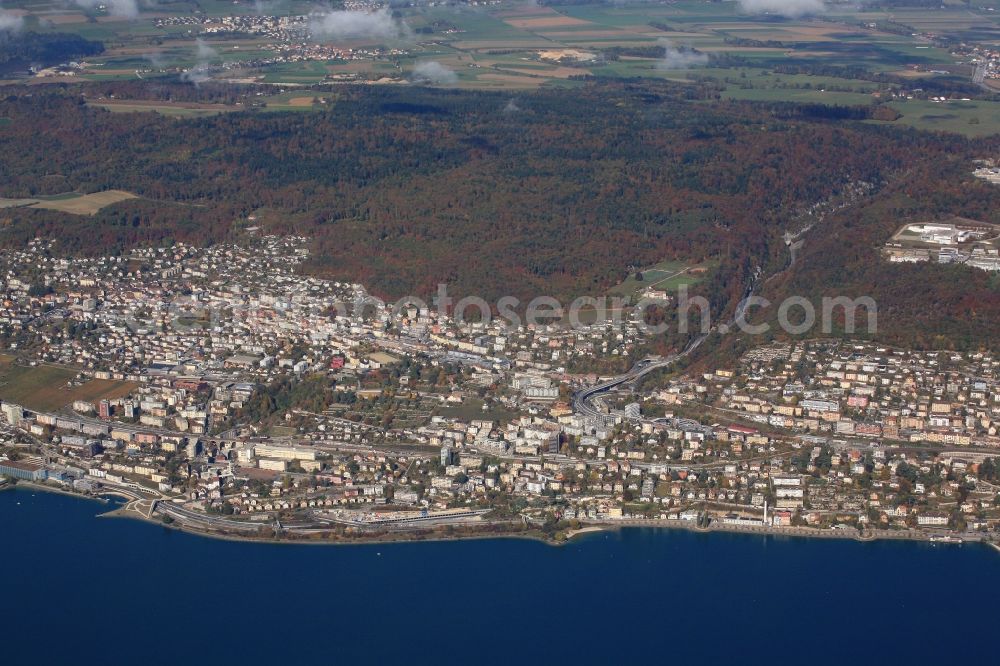 Aerial image Neuchâtel - City view of the city area and shore of Neuchatel at the lake ( Lac de Neuchatel ), Switzerland