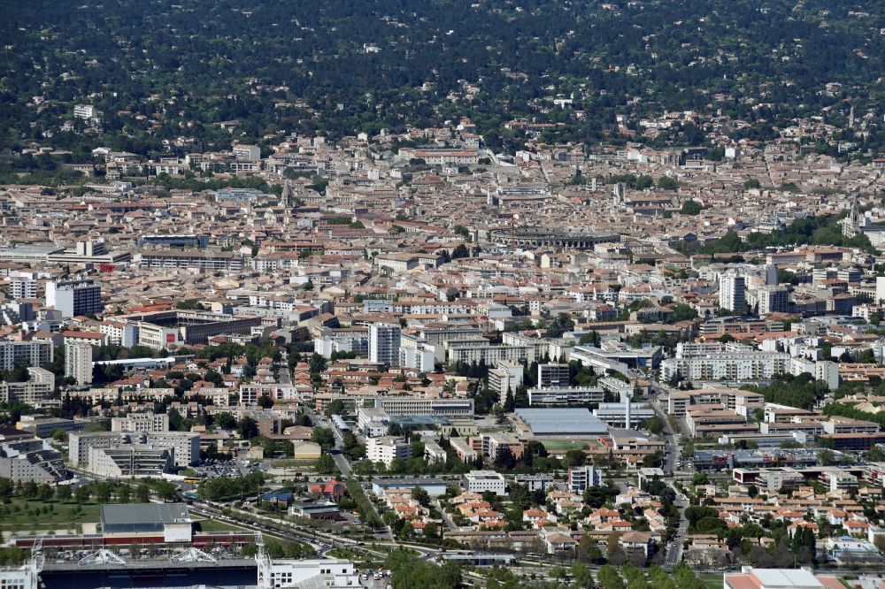 Nîmes from above - City view of the city area of in Nimes in Languedoc-Roussillon Midi-Pyrenees, France