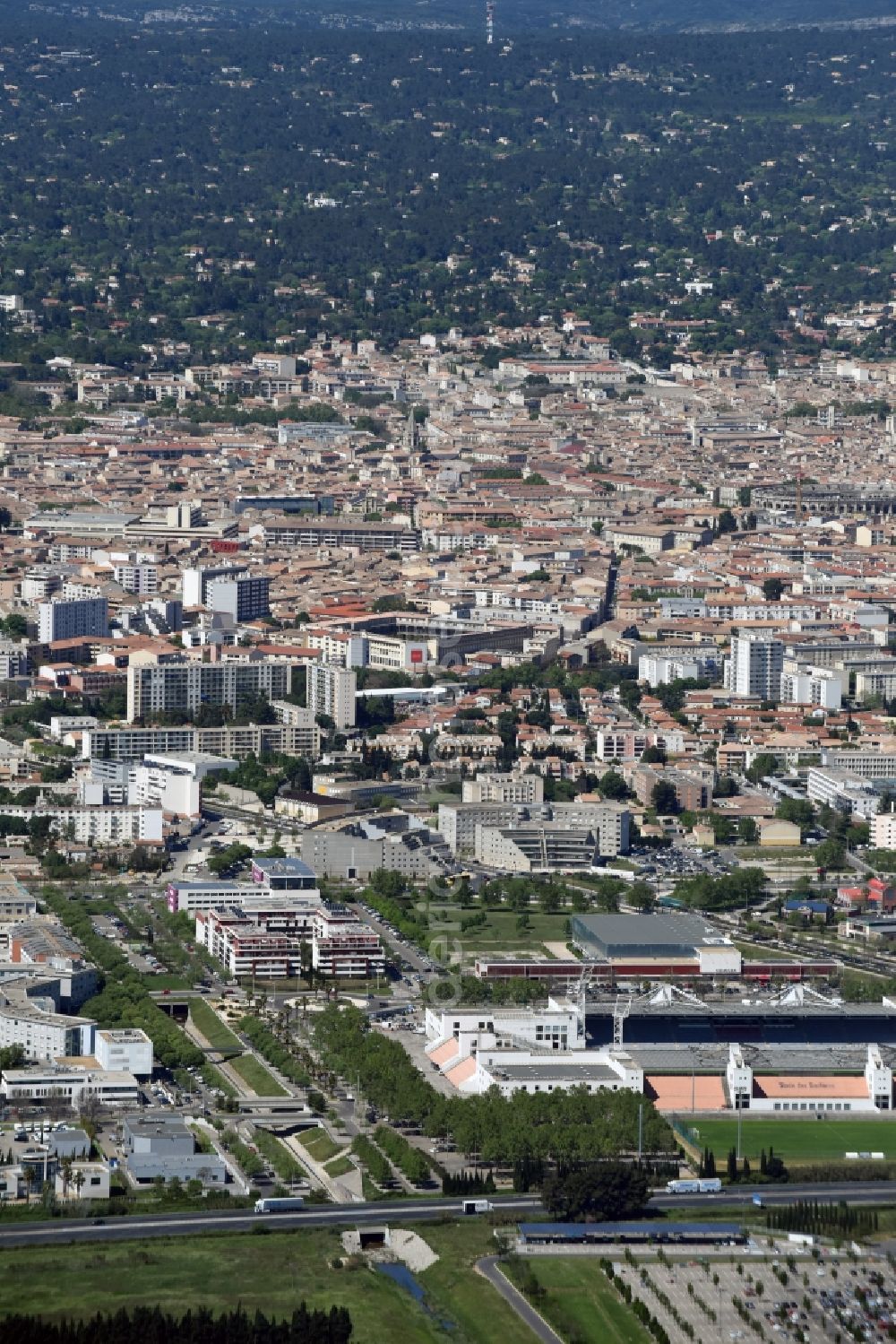 Nîmes from above - City view of the city area of in Nimes in Languedoc-Roussillon Midi-Pyrenees, France